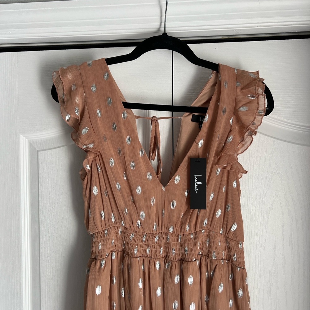 Lulus Cause To Celebrate Mauve And Silver Ruffled Tiered Midi Dress Mauve - Picture 3 of 8